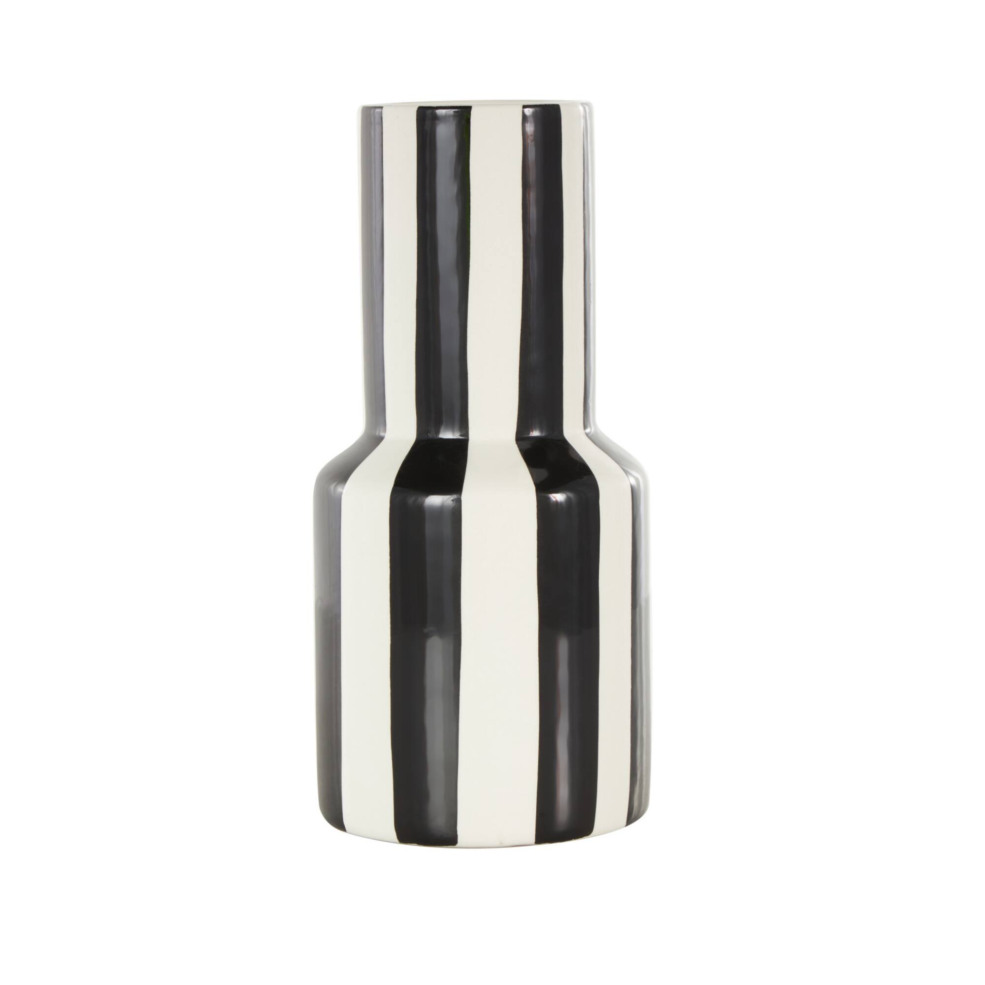 11" White & Black Stripes Round Wide Ceramic Vase